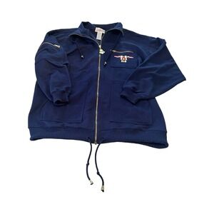 Vtg Janeve Embroidered Full Zip Navy Knit Nautical Mens Size M Drawstring Jacket